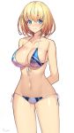  1girl 3: arms_behind_back bare_arms bare_shoulders bikini blonde_hair blue_eyes breasts cleavage closed_mouth collarbone cowboy_shot front-tie_bikini front-tie_top halterneck highres large_breasts looking_at_viewer nadare-san_(nadare3nwm) navel original short_hair side-tie_bikini simple_background solo stomach string_bikini swimsuit thighs white_background 