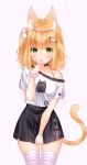  1girl absurdres animal_ear_fluff animal_ears bandaid bandaid_on_cheek black_choker black_skirt blonde_hair cat_ears cat_girl cat_tail choker cowboy_shot hair_ornament hairclip halterneck hand_up high-waist_skirt highres looking_at_viewer medium_hair miniskirt off-shoulder_shirt off_shoulder one_side_up original pleated_skirt pom_pom_(clothes) scrunchie shirt shirt_tucked_in short_sleeves shouu-kun simple_background skirt solo striped striped_legwear tail thighhighs tongue tongue_out white_background white_shirt wrist_scrunchie zettai_ryouiki 