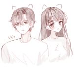  1boy 1girl bangs blush breasts commentary cropped_torso drawn_ears eyebrows_visible_through_hair grey_eyes grey_hair hair_between_eyes highres long_hair looking_at_viewer original parted_lips shirt simple_background small_breasts smile tandohark upper_body white_background white_shirt 
