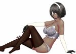  1girl artist_name black_hair black_legwear blindfold bra dark_skin gloves grey_bra grey_panties mole mole_under_mouth navel nier_(series) nier_automata panties ryu_seung short_hair signature soulcalibur soulcalibur_vi thighhighs thighs toes underwear white_background white_blindfold white_gloves yorha_no._2_type_p 