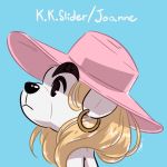  1:1 2020 album album_cover animal_crossing anthro black_eyes black_nose blonde_hair blue_background canid canine canis carlitos_mejia clothed clothing cover crossdressing domestic_dog ear_piercing ear_ring english_text eyebrows floppy_ears fur girly hair hat headgear headwear joanne_(album) k.k._slider k.k._slider_album_redraw lady_gaga long_hair male mammal meme nintendo piercing portrait simple_background solo text thick_eyebrows video_games white_body white_fur 