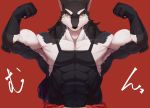  2020 abs ama_imakuma anthro canid canine canis clothing fur male mammal muscular muscular_anthro muscular_male pecs red_background simple_background solo 