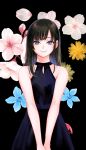  1girl bare_arms bare_shoulders black_background black_dress brown_hair closed_mouth dress floral_background flower hair_flower hair_ornament highres long_hair looking_at_viewer negative_space nikaidou_kou original pink_flower purple_eyes smile solo upper_body v_arms 