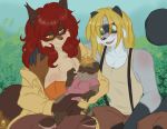  anthro avencri family female group hair mammal plant procyonid raccoon shrub smile 