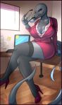  anthro big_breasts blue_eyes bottomwear breasts cleavage clothed clothing computer desk eyelashes eyewear female folly854 footwear furniture glasses hi_res high_heels imminent_sex leggings legwear long_tail long_tongue makeup nintendo office_lady pok&eacute;mon pok&eacute;mon_(species) salazzle shoes sitting skirt solo suit_jacket tongue video_games 