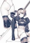  1girl arm_support artist_name ass bangs blush boots breasts cleavage cleavage_cutout closed_mouth commentary covered_navel feather_trim gloves hairband helloimtea highleg highleg_leotard highres leotard long_sleeves looking_at_viewer medium_breasts mole mole_under_mouth monochrome nier_(series) nier_automata puffy_sleeves shiny shiny_clothes short_hair signature sitting smile sword thigh_boots thighhighs weapon weapon_on_back yorha_no._2_type_b 