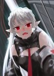  1girl absurdres ao_oni_(onioni-aoi) arknights breasts commentary_request eyelashes fangs highres long_hair looking_at_viewer looking_down open_mouth pale_skin red_cross red_eyes slit_pupils solo vampire warfarin_(arknights) white_hair 