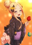  1girl abigail_williams_(fate/grand_order) bangs black_bow black_kimono blonde_hair blue_eyes blush bow breasts candy_apple command_spell fate/grand_order fate_(series) floral_print food forehead hair_bun highres holding_hands japanese_clothes kimono long_hair looking_at_viewer multiple_bows open_mouth orange_bow parted_bangs polka_dot polka_dot_bow sash shin_(rwkk8733) sidelocks small_breasts smile solo_focus summer_festival wide_sleeves 