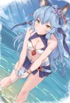  1girl animal_ears bangs bare_shoulders bikini blue_hair blue_sky blush breasts bunny_ears cleavage cleavage_cutout erune ferry_(granblue_fantasy) granblue_fantasy hair_ribbon jewelry leaning_forward light_rays long_hair looking_at_viewer medium_breasts navel ocean ribbon shiseki_hirame single_earring sky smile sparkle swimsuit thighs wavy_hair yellow_eyes 