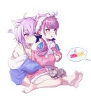  2girls absurdres ahoge animal_ear_fluff animal_ears bangs bare_shoulders barefoot blue_hair blue_hoodie breasts camisole cat cat_ears cat_tail crossed_ankles crossed_bangs eyebrows_visible_through_hair feet frown highres hololive hood hoodie hug lajiang long_hair low_twintails medium_breasts minato_aqua multicolored_hair multiple_girls nekomata_okayu open_clothes open_hoodie open_mouth pink_hoodie purple_eyes purple_hair short_hair simple_background straddling streaked_hair tail towel towel_on_head twintails virtual_youtuber white_background yuri 