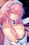  1girl angel_wings azur_lane bangs blush breasts cleavage detached_collar detached_sleeves dress frilled_dress frills headdress hinot large_breasts long_hair looking_at_viewer perseus_(azur_lane) pink_eyes pink_hair ribbon solo twintails very_long_hair white_headwear white_ribbon wings 