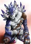  2003 belt blue_body blue_fur claws digimon digimon_(species) dog_tags ear_piercing evolution_(transformation) fangs fur grey_body grey_fur hi_res karabiner leather looking_at_viewer male muscular muscular_male pecs piercing purple_claws scar snout solo spikes teeth transformation weregarurumon yellow_eyes 