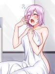  1girl bed bed_sheet blanket blush breasts covering eyebrows_visible_through_hair eyes_visible_through_hair fate/grand_order fate_(series) hair_over_one_eye large_breasts mabo-udon mash_kyrielight naked_sheet nude nude_cover on_bed open_mouth purple_hair short_hair sleepy solo under_covers waking_up yawning 