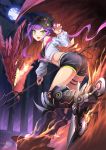  1girl absurdres demon_tail dragon english_commentary green_eyes hat highres hololive long_hair looking_at_viewer midriff moon mystic-san night open_mouth purple_hair shorts solo tail tokoyami_towa twintails virtual_youtuber weapon 