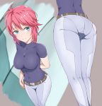  1girl ass blue_eyes blush breasts celestial_being_uniform covered_navel feldt_grace gundam gundam_00 impossible_clothes impossible_shirt looking_at_viewer medium_breasts multiple_views pink_hair r2pi shirt short_hair short_sleeves skin_tight smile solo undershirt 