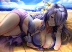  1girl artist_name beach bikini blue_sky breasts camilla_(fire_emblem) cleavage closed_mouth cloud fire_emblem fire_emblem_fates fire_emblem_heroes flower hair_flower hair_ornament hair_over_one_eye highres large_breasts long_hair o-ring o-ring_bikini purple_eyes purple_hair sarong see-through sky smile solo swimsuit vilde_loh_hocen water watermark web_address 