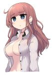  1girl :o alternate_hairstyle areola_slip areolae atlanta_(kantai_collection) bangs blue_eyes blush breasts brown_hair cleavage collared_shirt earrings eyebrows_visible_through_hair hair_down highres jewelry kantai_collection large_breasts long_hair long_sleeves navel open_clothes open_shirt shirt simoyuki simple_background solo star_(symbol) star_earrings unbuttoned unbuttoned_shirt upper_body white_background 