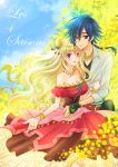  1boy 1girl :d bangs blonde_hair blue_eyes blue_hair bracelet braid braided_ponytail breasts circlet cleavage closed_mouth code_geass:_boukoku_no_akito collarbone couple dress dress_shirt earrings eyebrows_visible_through_hair french_text grey_shirt hair_between_eyes hetero hyuuga_akito jewelry komaichi layered_dress leila_(code_geass) long_dress long_hair looking_at_viewer low_ponytail medium_breasts necklace off-shoulder_dress off_shoulder open_mouth ponytail purple_eyes red_dress shirt smile very_long_hair 