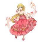  1girl :d bangs blonde_hair bow breasts cleavage collarbone dress floating_hair flower full_body gloves green_eyes hair_between_eyes hair_bow hair_flower hair_ornament highres layered_dress leafa long_dress long_hair looking_at_viewer medium_breasts musical_note official_art open_mouth pink_bow pink_dress pink_footwear pointy_ears pumps sidelocks skirt_hold sleeveless sleeveless_dress smile solo standing strapless strapless_dress sword_art_online sword_art_online:_memory_defrag transparent_background very_long_hair white_flower white_gloves 