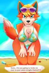  &lt;3 absurd_res animal_crossing anthro audie_(animal_crossing) beach bent_over big_breasts bikini blonde_hair bottle breasts canid canine canis chest_tuft claws cleavage clothed clothing cloud dialogue dipstick_tail english_text eyewear eyewear_on_head female fur gloves_(marking) hair hi_res looking_at_viewer mammal markings multicolored_body multicolored_fur multicolored_tail navel nintendo open_mouth orange_body orange_fur outside sea seashell seaside seductive shell sky solo sunglasses sunglasses_on_head swimwear text thigh_gap tuft varrio10 video_games water white_body white_fur wide_hips wolf 