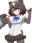  1girl :q animal_ears bangs bear_ears bear_girl bear_paw_hammer bear_tail black_legwear black_skirt blouse blue_neckwear bob_cut bow bowtie brown_bear_(kemono_friends) brown_eyes brown_hair closed_mouth collared_blouse cowboy_shot eyebrows_visible_through_hair fingerless_gloves gloves highres holding holding_weapon kemono_friends long_sleeves looking_at_viewer miniskirt pantyhose pleated_skirt short_hair short_over_long_sleeves short_sleeves simple_background skirt smile solo standing suya_kita tail tongue tongue_out weapon white_background white_blouse 