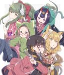  +_+ 5girls :d animal_ear_fluff animal_ears bangs black_shirt black_shorts blush bottle bow brown_eyes brown_hair brown_jacket character_request closed_mouth commentary_request dragon_horns drawstring eyebrows_behind_hair eyebrows_visible_through_hair fang fate/grand_order fate_(series) floral_print glasses green_hair grey_background grey_legwear grin hair_between_eyes hair_bow headpiece highres hood hood_down hoodie horns jacket japanese_clothes kimono kiyohime_(fate/grand_order) legwear_under_shorts light_brown_hair long_hair looking_at_viewer medusa_(lancer)_(fate) multicolored_hair multiple_girls oni oni_horns open_clothes open_jacket open_mouth osakabe-hime_(fate/grand_order) pantyhose parted_bangs parted_lips pink_hoodie pink_kimono ponytail print_kimono purple_eyes purple_hair red-framed_eyewear red_bow red_eyes semi-rimless_eyewear shirt short_eyebrows short_shorts shorts shuten_douji_(fate/grand_order) sidelocks smile star_(symbol) star_print striped striped_legwear suzuka_gozen_(fate) thick_eyebrows totatokeke two-tone_background two-tone_hair under-rim_eyewear v vertical-striped_legwear vertical_stripes very_long_hair white_background 