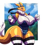  2020 absurd_res anthro big_breasts black_sclera blue_eyes blush bodily_fluids breasts cleavage clothed clothing digimon digimon_(species) female fingerless_gloves fur gloves half-closed_eyes handwear hi_res multicolored_body multicolored_fur narrowed_eyes purple_body purple_fur renamon solo sweat sweatdrop thick_thighs tight_clothing toto_draw white_body white_fur yellow_body yellow_fur 