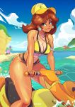  1girl baseball_cap beach bikini blue_eyes breasts brown_hair cleavage closed_mouth collarbone commentary day earrings english_commentary fingernails flower_earrings grand-sage hat highres horizon jet_ski jewelry lifeguard lips long_hair mario_(series) medium_breasts nail_polish navel ocean outdoors outstretched_arms princess_daisy red_nails riding shiny shiny_skin solo stomach summer swimsuit tan tanline water watercraft wet 
