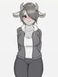  2020 anthro biped blush bottomwear bovid breasts caprine cleavage clothed clothing digital_media_(artwork) ear_tuft eyebrows female fully_clothed fur goat hair hair_over_eye hands_behind_back hi_res highlights_(coloring) hoodie horn kobradraws looking_at_viewer mammal one_eye_obstructed shirt short_hair simple_background smile solo spot_color topwear tuft white_background yoga_pants 
