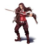  1boy beard brown_footwear dunban facial_hair full_body holding holding_sword holding_weapon katana left-handed long_hair looking_at_viewer maskyarts red_vest simple_background solo sword vest waistcoat weapon white_background xenoblade_(series) xenoblade_1 