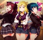  :3 :d :o absurdres bangs black_hair black_jacket black_shirt blonde_hair blunt_bangs bracelet breasts brown_eyes candy choker cleavage clothes_around_waist cowboy_shot crossed_arms denim denim_shorts facing_away food guilty_kiss_(love_live!) hair_ornament hair_rings hairpin hand_on_own_cheek headphones headphones_around_neck highres holding jacket jewelry large_breasts lollipop looking_at_viewer love_live! love_live!_sunshine!! medium_breasts medium_hair multiple_girls ohara_mari open_clothes open_jacket open_mouth parted_bangs pink_shirt plaid plaid_skirt pointing pointing_at_self ponytail poster_(object) purple_jacket red_hair sakurauchi_riko shirt short_shorts shorts side_bun sidelocks skindentation skirt smile star_(symbol) thighhighs tsumikiy tsushima_yoshiko white_shirt yellow_eyes zettai_ryouiki 