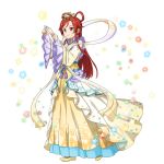  1girl bangs closed_mouth cosplay dress full_body highres kaguya_hime kaguya_hime_(cosplay) long_dress long_hair long_sleeves official_art red_eyes red_hair sash shiny shiny_hair smile solo standing sword_art_online sword_art_online:_memory_defrag tanabata tied_hair tiese_schtrinen transparent_background very_long_hair wide_sleeves yellow_dress 