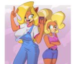  activision alternate_costume anthro bandicoot blonde_hair bottomwear breast_size_difference breasts clothing clothing_swap coco_bandicoot coveralls crash_bandicoot_(series) crossed_arms duo female frown gesture gewd-boi green_eyes hair long_hair mammal marsupial nipple_outline shirt shorts simple_background size_difference tawna_bandicoot tongue tongue_out topwear v_sign video_games 