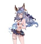  1girl animal_ears bikini bikini_skirt blue_hair breasts brown_eyes cleavage cowboy_shot erune ferry_(granblue_fantasy) flower granblue_fantasy hair_flower hair_ornament jewelry long_hair minaba_hideo navel official_art ponytail simple_background single_earring small_breasts smile solo swimsuit thighlet transparent_background 