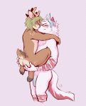  anthro antlers blush blush_stickers cervid chest_tuft duo eyes_closed fan_character flaccid genitals green_hair hair hand_on_butt hands_behind_head hi_res holding_character horn hug humanoid_genitalia humanoid_penis kissing lifting long_penis male mammal penis pink_background scut_tail simple_background smile standing tohfu tuft uncut 