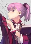  1girl absurdres armpits boa_(brianoa) book closed_mouth detached_collar fate/grand_order fate_(series) helena_blavatsky_(fate/grand_order) highres holding holding_book long_sleeves looking_at_viewer neck_ribbon notice_lines ponytail profile purple_eyes purple_hair ribbon solo unfinished_background upper_body white_neckwear white_ribbon wide_sleeves 