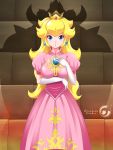  1girl bangs biodragon blonde_hair blue_earrings blue_eyes blush bowser breasts crown dress earrings gem gloves highres jewelry light_blush lips long_dress long_hair mario_(series) medium_breasts ornament pink_dress princess_peach puffy_sleeves shadow sphere_earrings super_mario_bros. super_smash_bros. teeth watermark white_gloves 