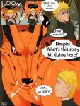  3:4 anthro black_body black_fur blonde_hair blue_eyes canid canine clothed clothing dialogue duo english_text forest fox fur hair human kurama male mammal naruto naruto_uzumaki open_mouth orange_body orange_fur prince-vulpine red_eyes simple_background tailed_beast text tree 