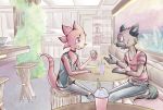  2020 aggressive_retsuko animal_crossing anthro belt beverage black_nose blush bottomwear cafe chair chameleon cheek_tuft chin_tuft choker clothed clothing detailed_background digital_media_(artwork) duo facial_tuft fingers flick_(animal_crossing) fluffy fluffy_tail fur furniture girly haida hair hi_res hyaenid inner_ear_fluff inside jeans jewelry kemono legwear lizard male male/male mammal messy_hair necklace nintendo pants raised_tail reptile ringtail sanrio scalie shirt signature sitting spots spotted_body spotted_face spotted_fur spotted_hyena table tail_tuft tapirclip topwear tuft underbite vest video_games 