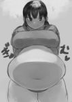  1girl belly commentary_request fat grey_background heart highres looking_at_viewer monochrome navel original oruka_(kamituki0827) panties short_hair smile solo thick_thighs thighs translation_request underwear 