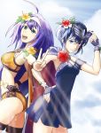  2girls ahoge ass bangs belly_chain bikini blue_bikini blue_dress blue_eyes blue_gloves blue_hair breasts closed_mouth cloud cowboy_shot day dress dutch_angle eyebrows_visible_through_hair fingerless_gloves fire_emblem fire_emblem:_path_of_radiance fire_emblem_awakening floating_hair flower gloves green_eyes hair_between_eyes hair_flower hair_intakes hair_ornament hand_on_hip headband hibiscus highres jewelry long_hair lucina_(fire_emblem) medium_breasts mia_(fire_emblem) multiple_girls orange_bikini outdoors red_flower see-through shiny shiny_hair short_dress short_hair sleeveless sleeveless_dress smile standing sukkirito_(rangusan) swimsuit thigh_strap v very_long_hair white_flower white_headband yellow_flower 