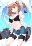  atlanta_(kantai_collection) breasts cleavage commentary_request denim denim_shorts earrings hair_ornament jewelry kantai_collection large_breasts mikage_takashi rigging shorts star_(symbol) star_earrings tagme twintails 