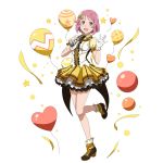  1girl :d bow breasts brown_footwear dress_shirt full_body gloves hair_bow heart_balloon highres holding holding_microphone idol layered_skirt lisbeth looking_at_viewer medium_breasts microphone miniskirt open_mouth pink_eyes pink_hair shiny shiny_hair shirt short_hair short_sleeves skirt smile solo standing standing_on_one_leg sword_art_online transparent_background white_gloves white_shirt yellow_bow yellow_skirt yellow_sleeves 