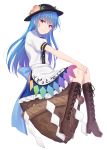  1girl asa_(coco) black_headwear blue_hair blue_skirt boots brown_footwear commentary cross-laced_footwear dress eyebrows_visible_through_hair food fruit hat head_tilt highres hinanawi_tenshi keystone knee_boots knees_together_feet_apart layered_dress leaf light_smile long_hair looking_at_viewer peach puffy_short_sleeves puffy_sleeves red_eyes rope shide shimenawa short_sleeves simple_background sitting_on_rock skirt smile solo touhou very_long_hair white_background 