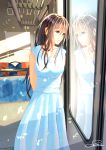  1girl absurdres arms_behind_back artist_name blue_eyes blush brown_hair dress ground_vehicle highres original reflection sena_(illust_sena) smile standing sundress train train_interior white_dress window 