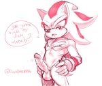  anthro balls chest_tuft clothing darkblue erection eulipotyphlan fur genitals gloves hair hands_on_hips handwear hedgehog hi_res male mammal pecs penis red_body red_fur red_hair shadow_the_hedgehog solo sonic_the_hedgehog_(series) speech_bubble standing tuft 