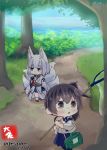  2girls animal_ear_fluff animal_ears azur_lane bangs blue_eyes blue_skirt blunt_bangs blush brown_hair bush butterfly_net chibi closed_mouth crossover day detached_sleeves dirt_road eyebrows_visible_through_hair fingerless_gloves fox_ears fox_tail full_body gloves hair_between_eyes hakama_skirt hand_net hand_up hands_up holding kaga_(azur_lane) kaga_(kantai_collection) kantai_collection kitsune kyuubi multiple_girls multiple_tails namesake open_mouth outdoors pleated_skirt road short_hair side_ponytail skirt sleeves_past_fingers sleeves_past_wrists socks standing tail taisa_(kari) tree twitter_username white_hair white_legwear wide_sleeves 