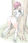  1girl against_tree ahoge asbel_lhant ass bent_over blue_eyes blush bottomless breasts breasts_outside coat genderswap genderswap_(mtf) grass heterochromia high_heels large_breasts long_sleeves looking_at_viewer naked_coat nipples nose_blush open_mouth red_eyes red_hair short_hair solo sweat tales_of_(series) tales_of_graces tears tree usagi_nagomu white_background white_footwear 