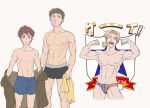  3boys abs aku2 alisa_(girls_und_panzer) blonde_hair bubble_blowing chewing_gum emblem flexing genderswap genderswap_(ftm) girls_und_panzer kay_(girls_und_panzer) male_swimwear multiple_boys muscle naomi_(girls_und_panzer) navel open_mouth ponytail pose saunders_(emblem) short_hair swim_trunks swimwear toned 