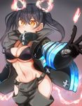  1girl :o baggy_pants bangs bikini black_bikini black_coat black_gloves black_hair blush breasts cleavage coat collar commentary_request cowboy_shot en&#039;en_no_shouboutai eyebrows_visible_through_hair fiery_ears fiery_tail fire gloves grey_background grey_pants groin hair_between_eyes highres hip_vent long_hair long_sleeves looking_at_viewer medium_breasts metal_gloves midriff navel ocha_no_mae open_clothes open_coat open_mouth pants sidelocks simple_background solo standing swimsuit tail tamaki_kotatsu twintails underboob yellow_eyes 